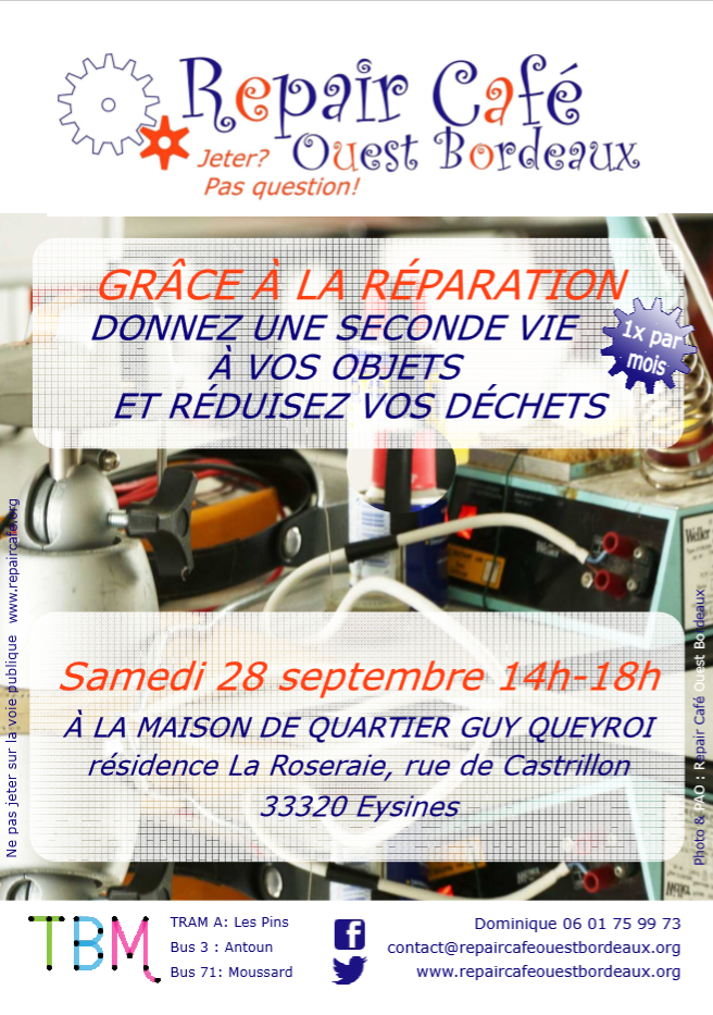 Atelier réparation – Samedi 28 Septembre 2019 à la Maison de quartier de Guy Queyroi – EYSINES