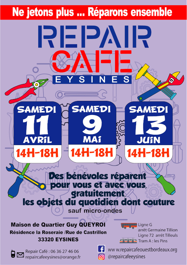 Ateliers réparation – 11 avril, 9 mai et 13 juin 2026 à la maison de quartier Guy Queyroi – EYSINES
