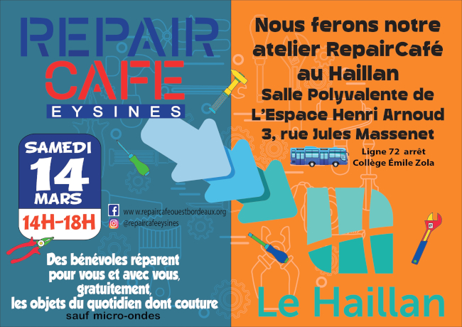 Ateliers réparation – 14 mars – Exceptionnellement au Haillan
